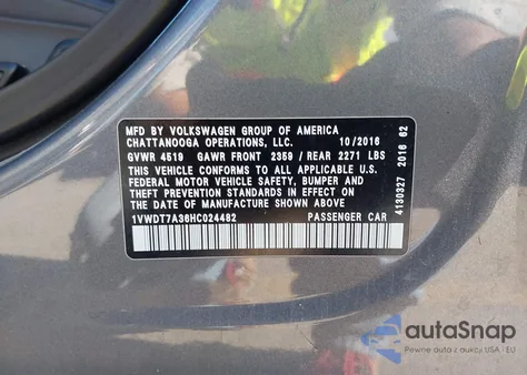 2017 Volkswagen Passat 1.8T R-Line z USA, uszkodzony, nr VIN 1VWDT7A36HC024482